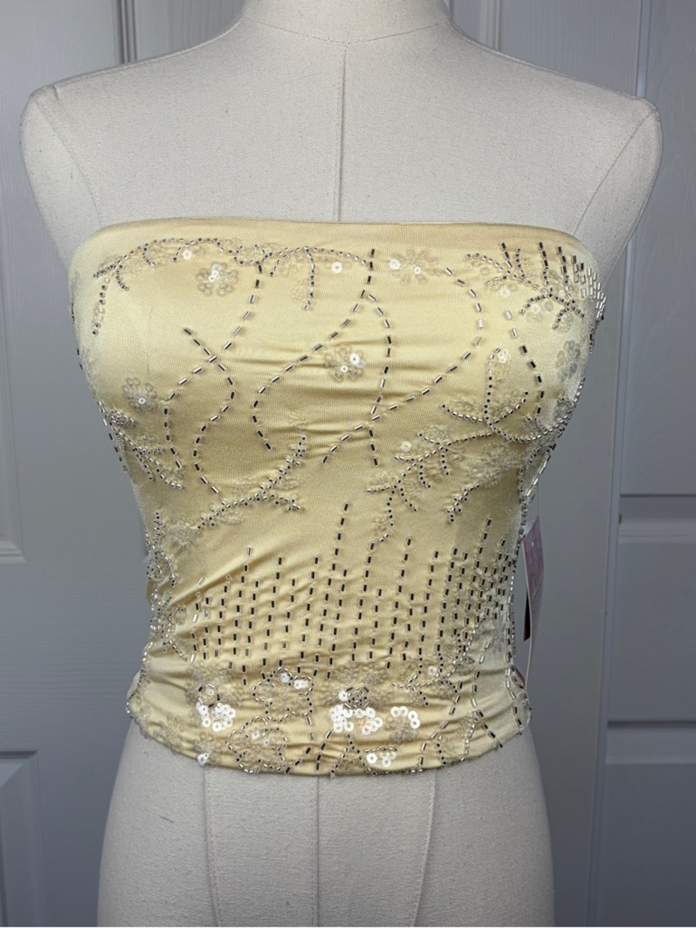 Faded rose Strapless Sequined Beaded Tube Top in Pale Yellow